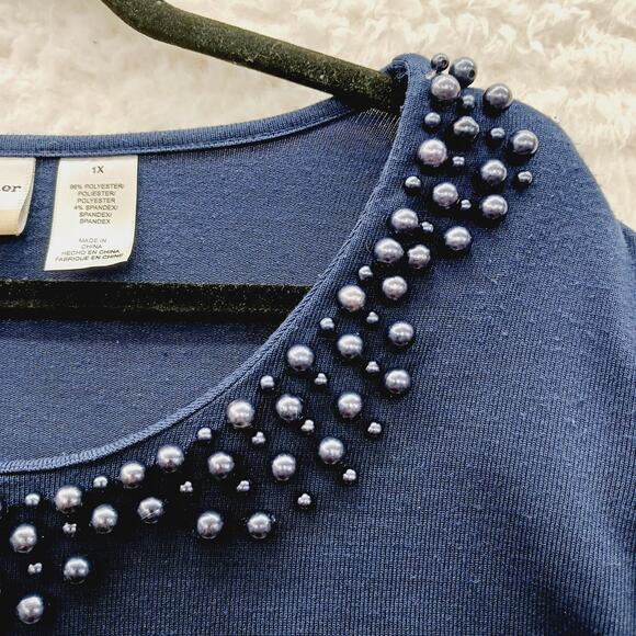 Blouse Size 1X Navy Pearl Beaded Office Siren Quiet Luxury Casual Chic Romantic - Picture 7 of 15